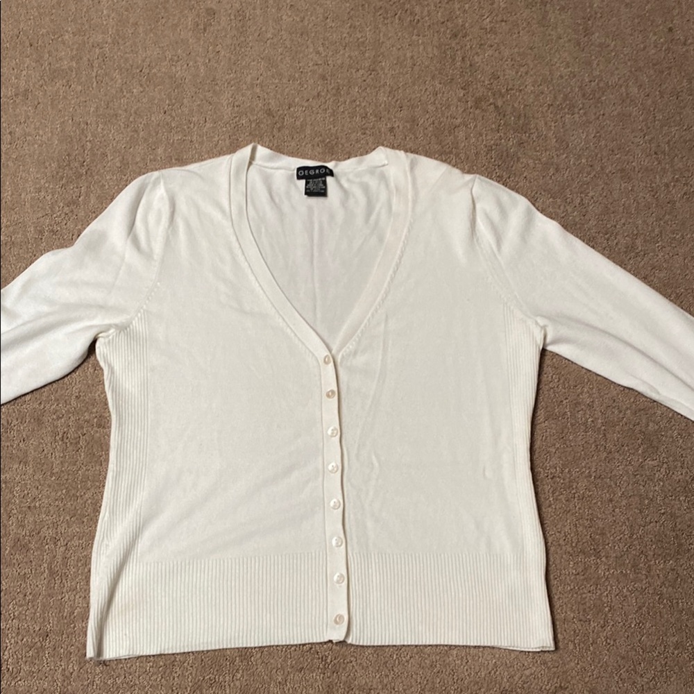 Chic White V-Neck Button Front 3/4 Sleeve Rayon Cardigan Academia Fall